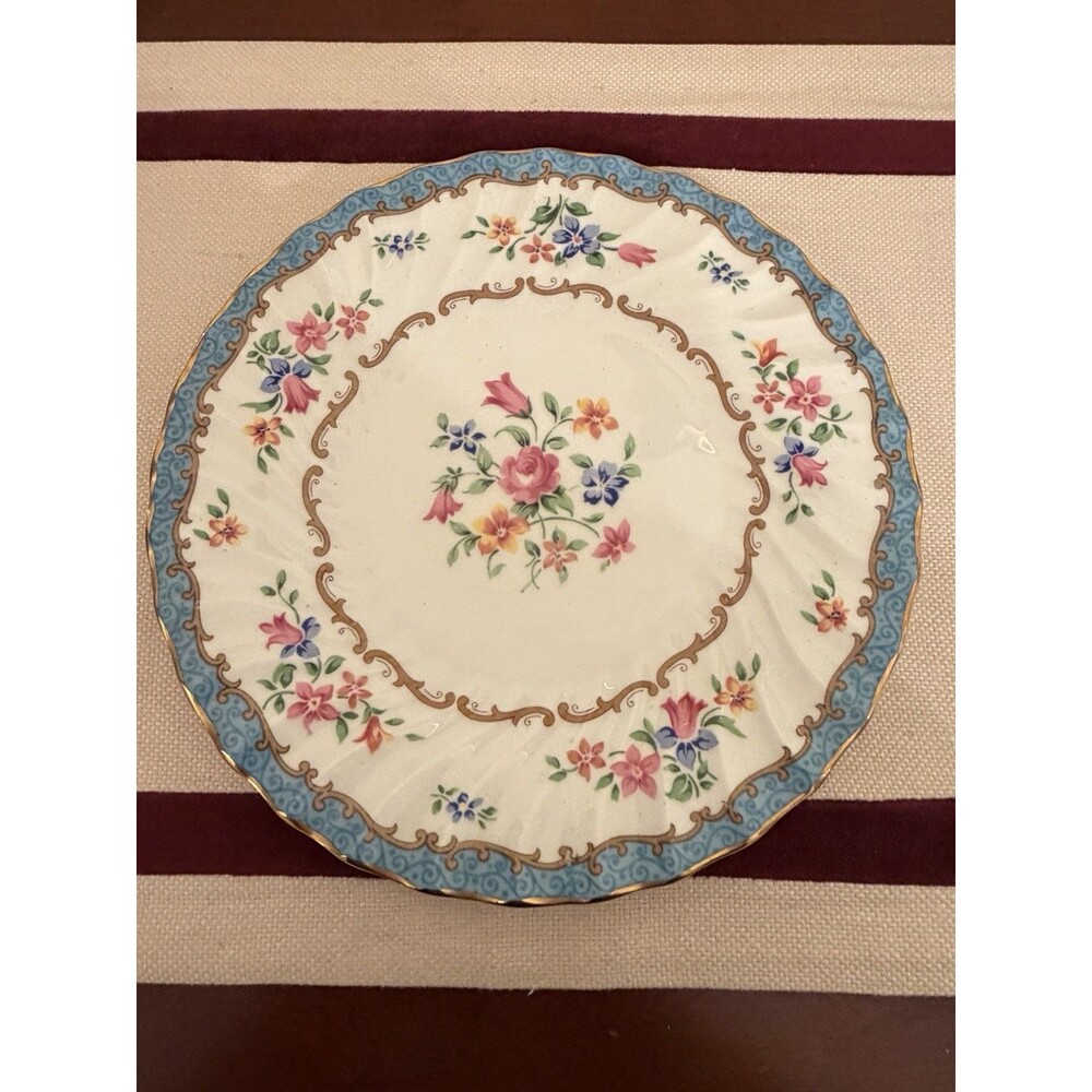 Crown Staffordshire Fine Bone China Plate Floral Bouquet and Turquoise Border.